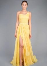 Yellow evening dress on one shoulder