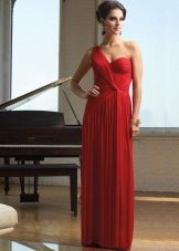 Red evening dress on one shoulder