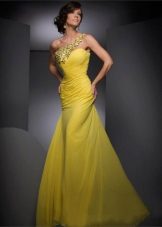 Yellow light evening dress with decoration