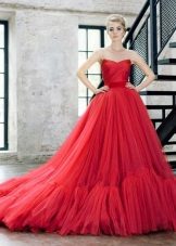 Fluffy evening dress with a train