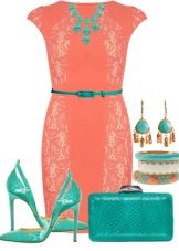 Coral dress in combination with green accessories