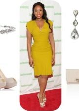 Mustard dress with beige accessories