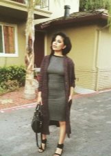 Gray dress with brown cardigan