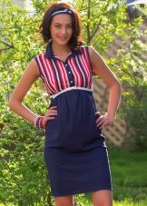 Maternity Dress with a Blue Skirt and a Striped Red and Blue Top