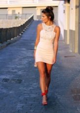 Slim, short, milky dress with guipure