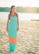 Sea-green dress with coral inserts and bijouterie