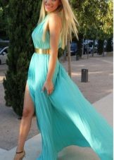 Sea-green long dress with a slit