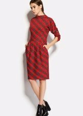 Red dress with a medium length in the cell (office version)