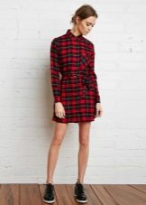 Short red plaid shirt dress tartan