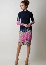Navy viscose dress with a print on the skirt