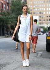 Denim shirt dress with sneakers and bulk bag