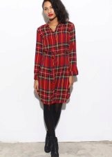 Red check dress shirt with black tights