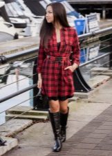 Red plaid shirt dress with black boots