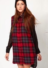 Combined plaid shirt dress in front and plain black back with black chiffon sleeves