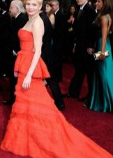 Red bustier dress with basky and train