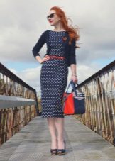 Blue dress with small white polka dots