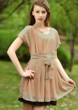 Beige dress in mint color polka dots