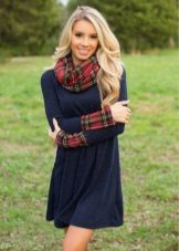 Wool blue dress with long sleeves combo fabric check