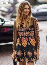 Ethnic print long sleeve short dress