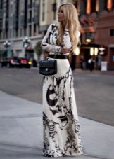 Long white dress with a black abstract pattern