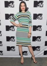 Knitted dress in black, green and white stripes