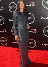 Long gray shiny closed dress for corporate