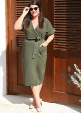 Dress with a smell in military style for obese women with a figure like Apple