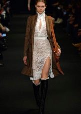 Coat to white lace dress with a slit