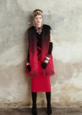 Fur vest to a red sheath dress