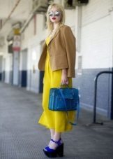 Beige jacket to yellow dress