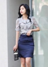 Navy blue pencil skirt with gray blouse