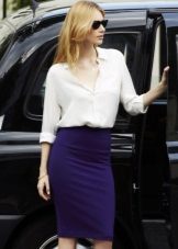 Navy blue pencil skirt with white blouse