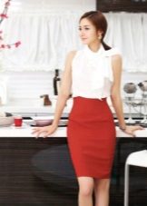 Red pencil skirt with white top