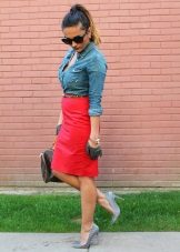 Red pencil skirt with denim shirt