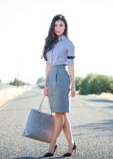 Gray pencil skirt with blouse-shirt