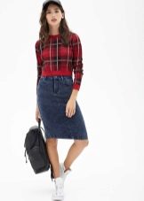 mid-length denim pencil skirt