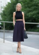 Blue flared skirt below the knee