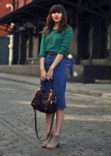 Straight denim skirt below the knee