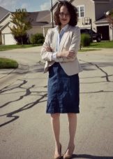 Straight denim skirt below the knee