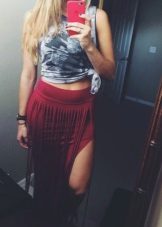 Red midi skirt with fringe