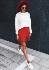 Red mini skirt with fringe