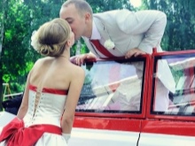 Wedding dress with red bow and car