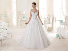 Nicole Fashion Group wedding dress with drooping shoulders