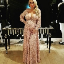 Beige long dress with deep plunging neck and long sleeve for pregnant women