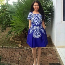 Blue polyester dress with a print for autumn and spring