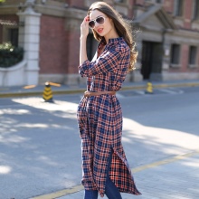 Mid-length check shirt dress in combination with jeans