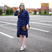 Blue check shirt dress with an asymmetrical bottom skirt