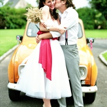 Wedding dress with a red belt