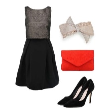 Dress with a black skirt and gray top and accessories for women with the figure of a pear