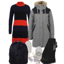 Knitted dress of medium length and accessories for the figure of the type Inverted Triangle